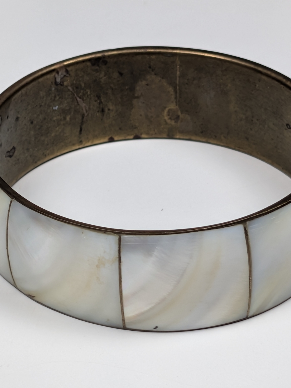 Vintage Mother of Pearl Inlay Brass Bangle Bracelet Chunky Shell Boho